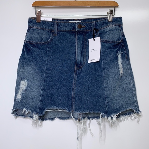 NWT FOREVER 21 Denim Blue Ripped Raw Hem Skirt - Picture 8 of 8